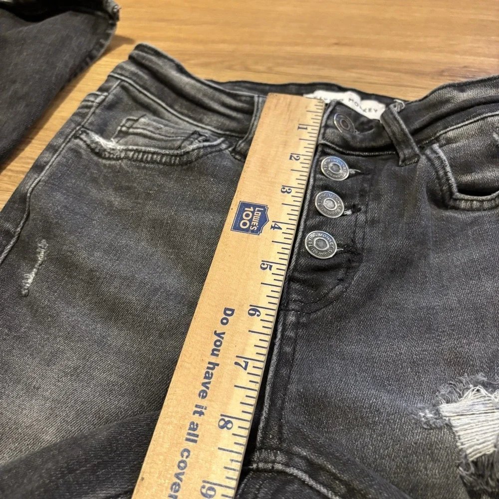Flying Monkey Jeans Women 24 Black Mid Rise Flare Stretch Distressed Denim 24x31